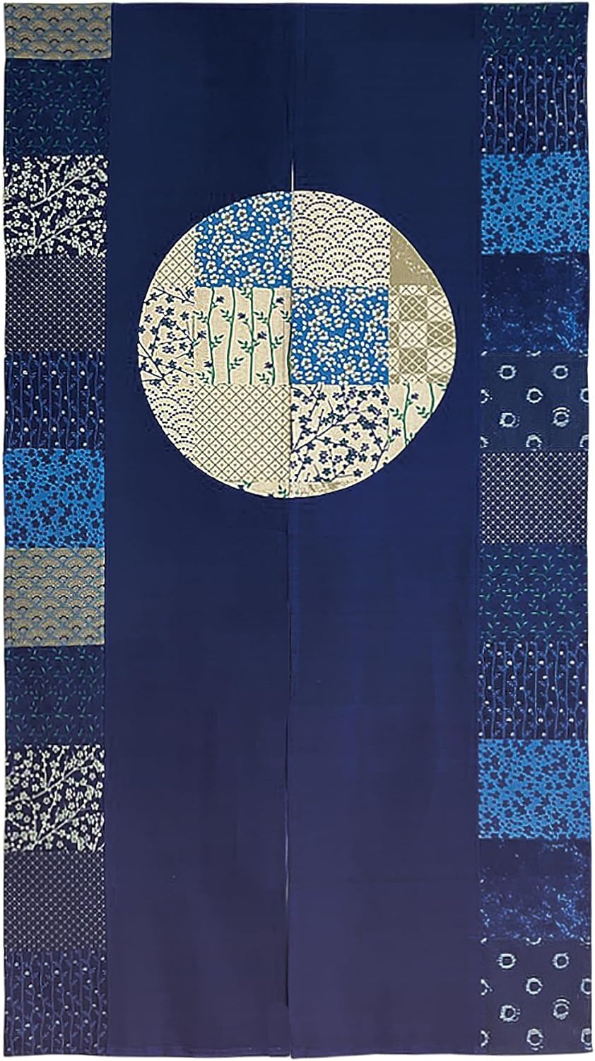 Doorway Curtain (W33.5'xH59') Akari Tapestry Noren Room Divider (Dark Navy)