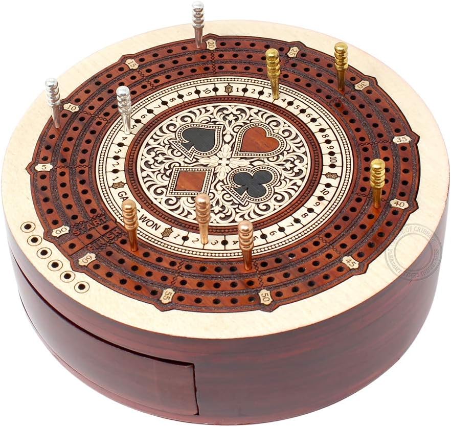 House of Cribbage - Round Shape 3 Track Non-Continuous Cribbage Board - Push Drawer Storage for Pegs and 1 Deck of Cards with Score Marking Fields for Won Games (Maple Wood/Bloodwood)