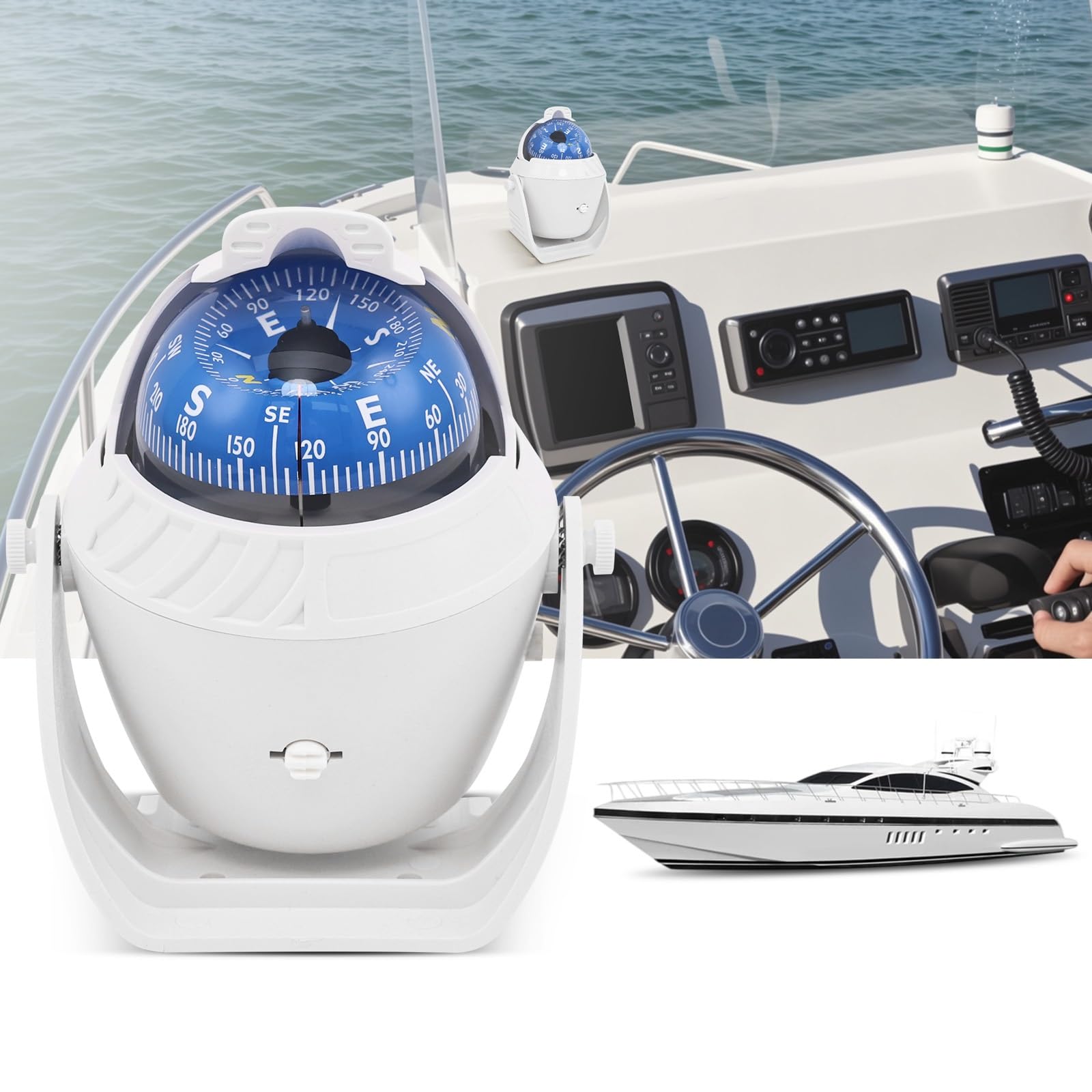 Riloer Car Boat Compass, Navigation Compass High Precision ABS Marine Compass with LED Light, Waterproof for Car, Boat, Outdoor Travel, Hiking, Mountaineering (White)