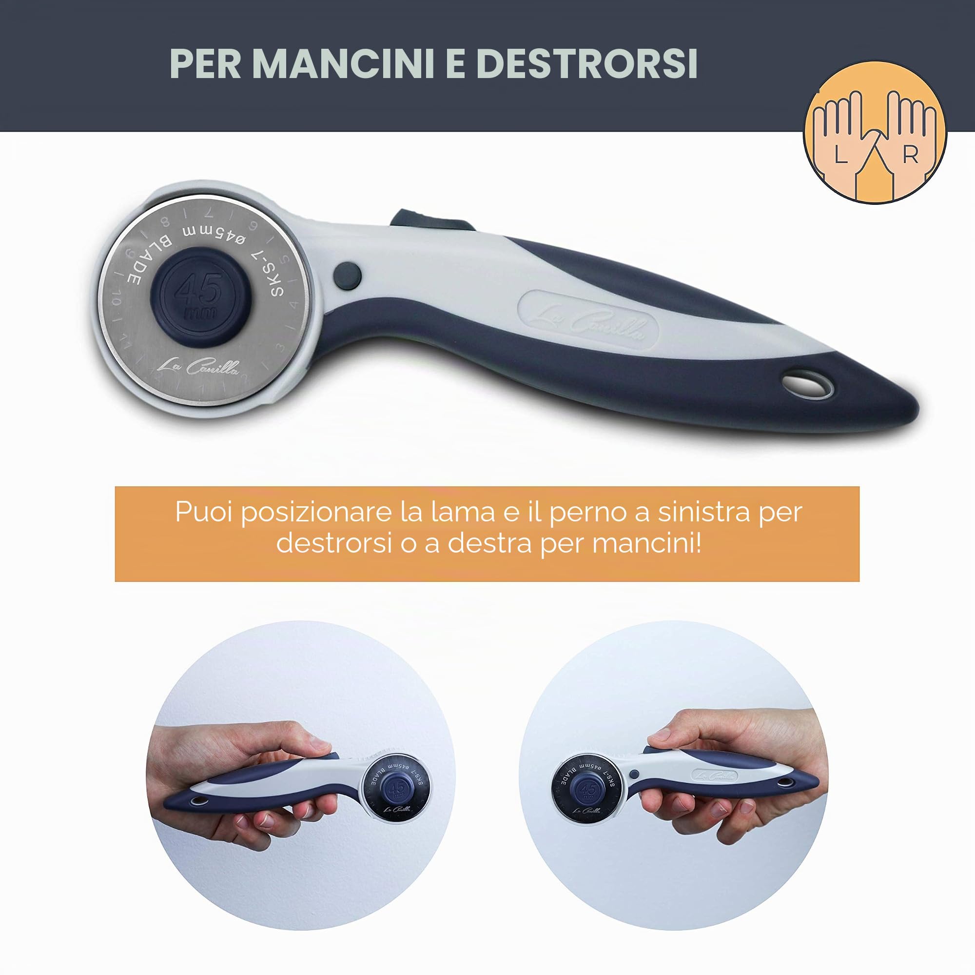 La Canilla Cutter per Tessuti Circolare 45mm, Patchwork, Sarta, DIY, Scrapbooking Taglierina di Precisione con 6 Lame di Ricambio