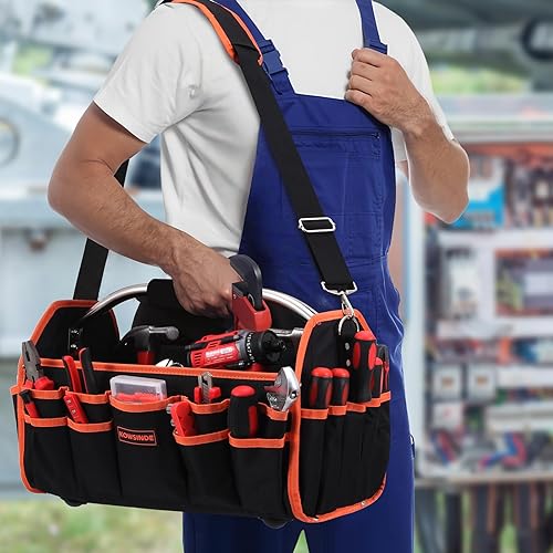 Miniatura 6 de Bolsa de herramientas de 18 pulgadas, bolsa de herramientas para electricista, bolsas de herramientas con parte superior abierta, 26 bolsillos que