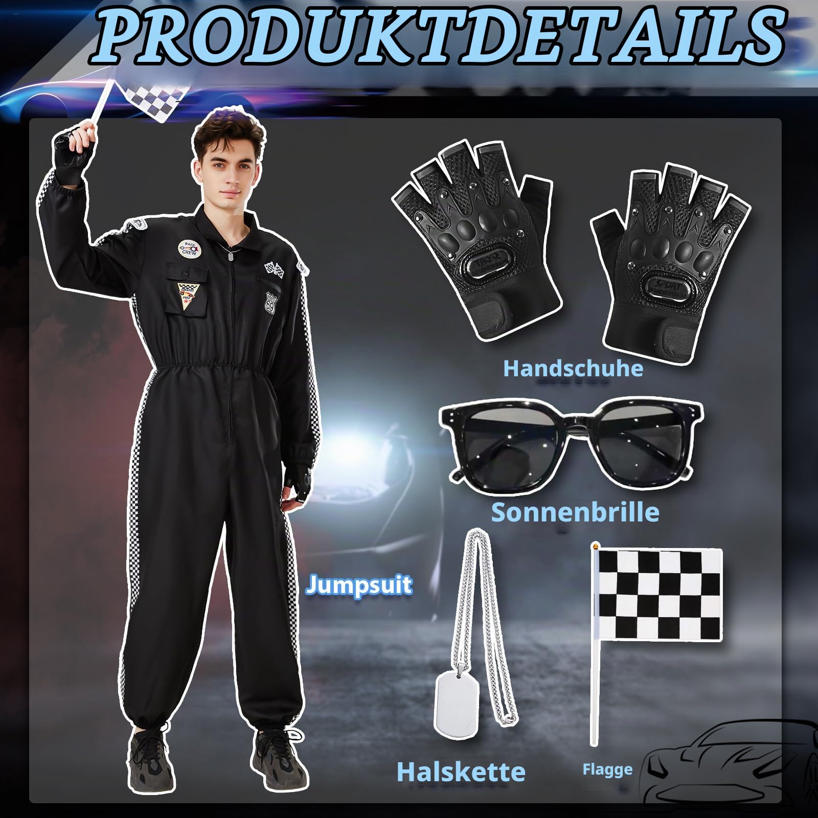Charmofun Rennfahrer Kostüm Herren, Rennfahrer Anzug Overall Jumpsuit für Erwachsene, Racer Overall Rennwagenfahrer Kostüm mit Handschuhen, Sonnenbrille für Karneval
