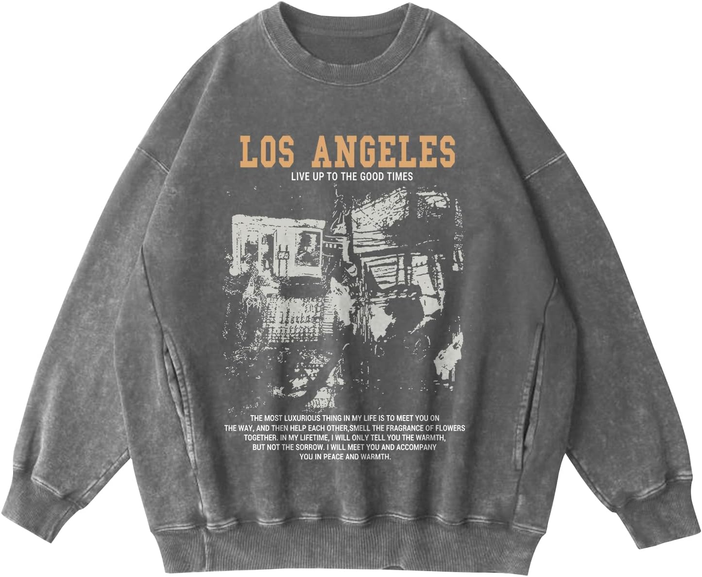 Mens Oversized Crewneck Sweatshirt Vintage Los Angeles Graphic Washed Sweatshirts with Pockets Streetwear Pullover
