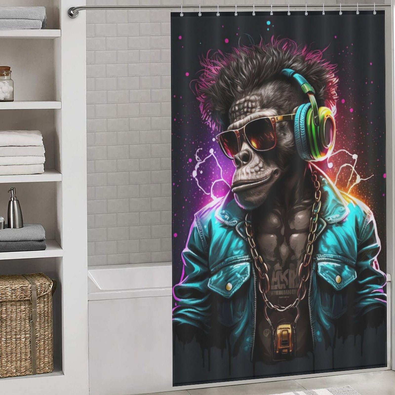 Rideau de douche DJ Singe en tissu imperméable lavable avec 12 crochets