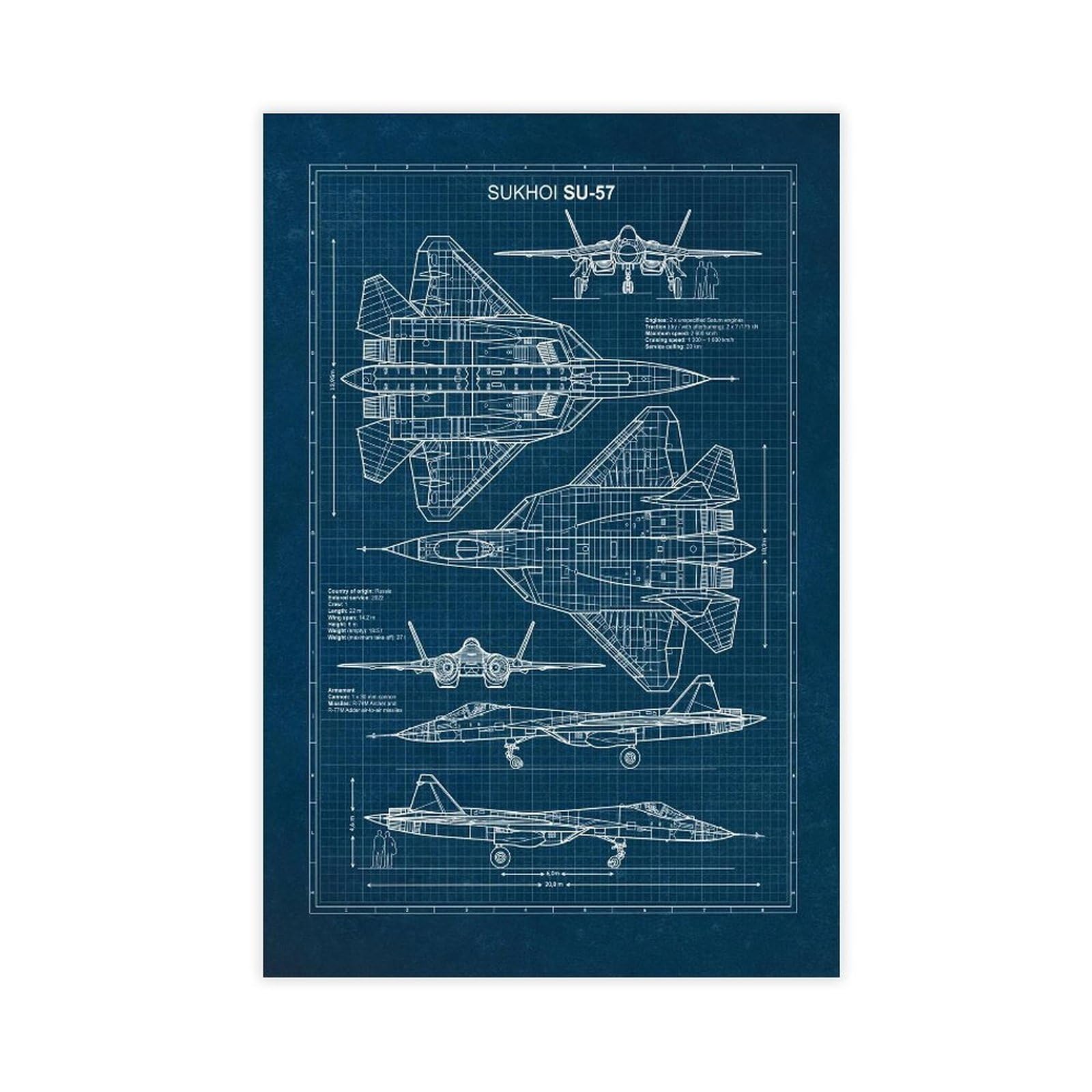 QZFNCOYU Sukhoi Su-57 Blueprint Poster Canvas Poster Bedroom Decor Landscape Office Room Decor Gift 16x24inch(40x60cm)