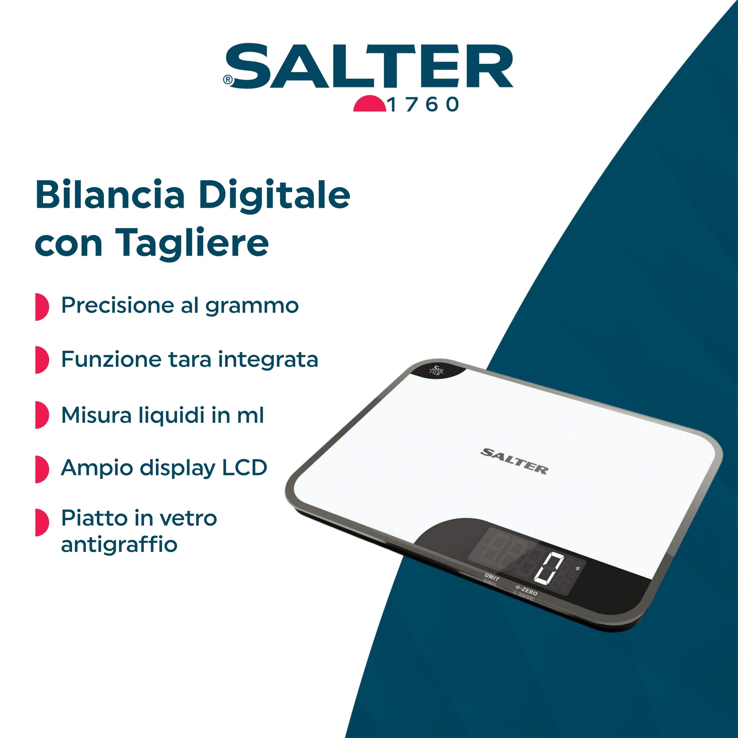 Salter 1064 WHDR - Bilancia da cucina elettronica, 5 kg, display retroilluminato di facile lettura, Aggiungi e pesa, liquidi/fluidi, ampio piattaforma, a specchio, misure metriche/imperiali, bianco