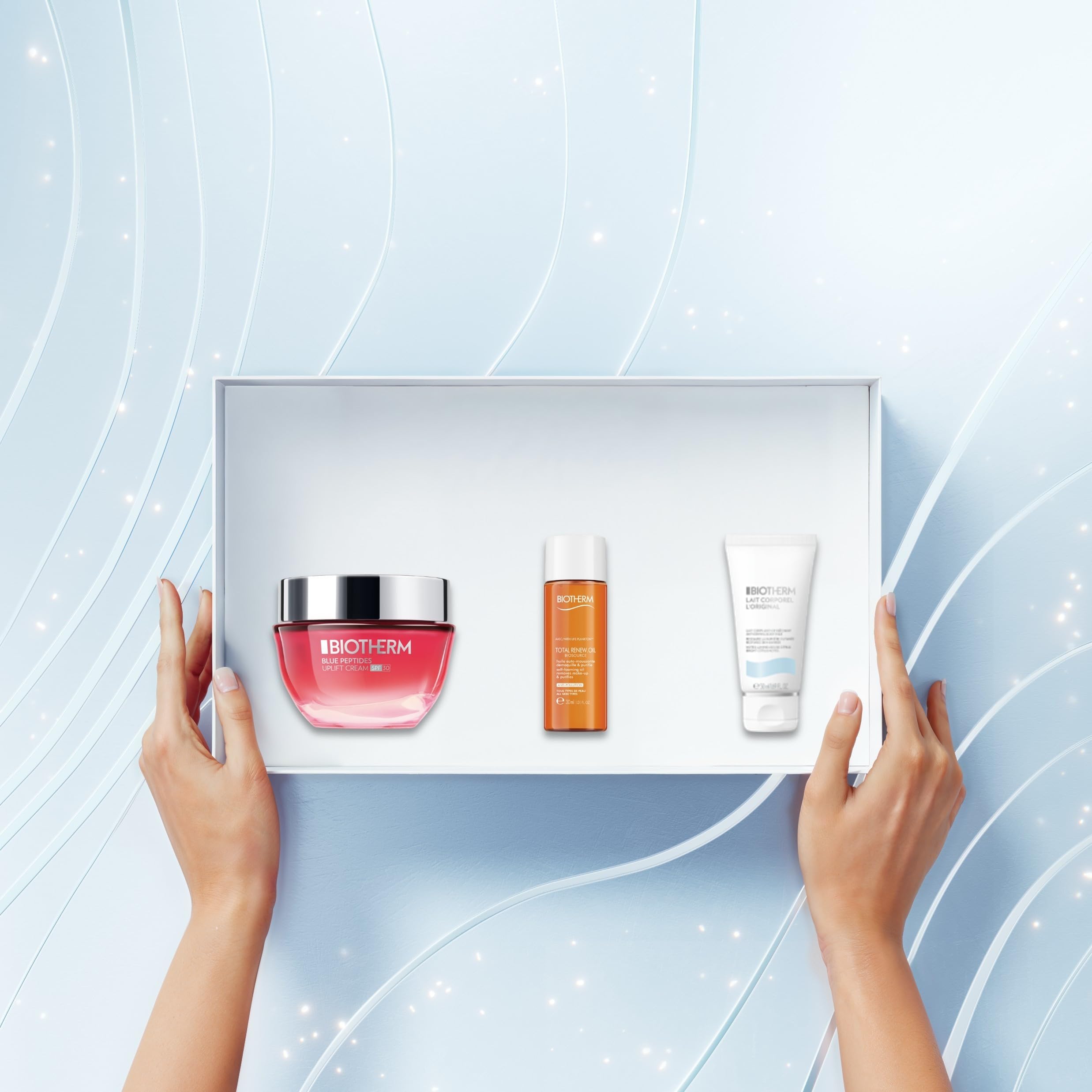 Biotherm Blue Peptides Uplift SPF 30 Set (Uplift Cream 50ml, Total Renew Oil 30ml & Lait Corporel 50ml), 3-teiliges Anti-Aging Pflege-Set für reife Haut, straffende & schützende Körperpflege