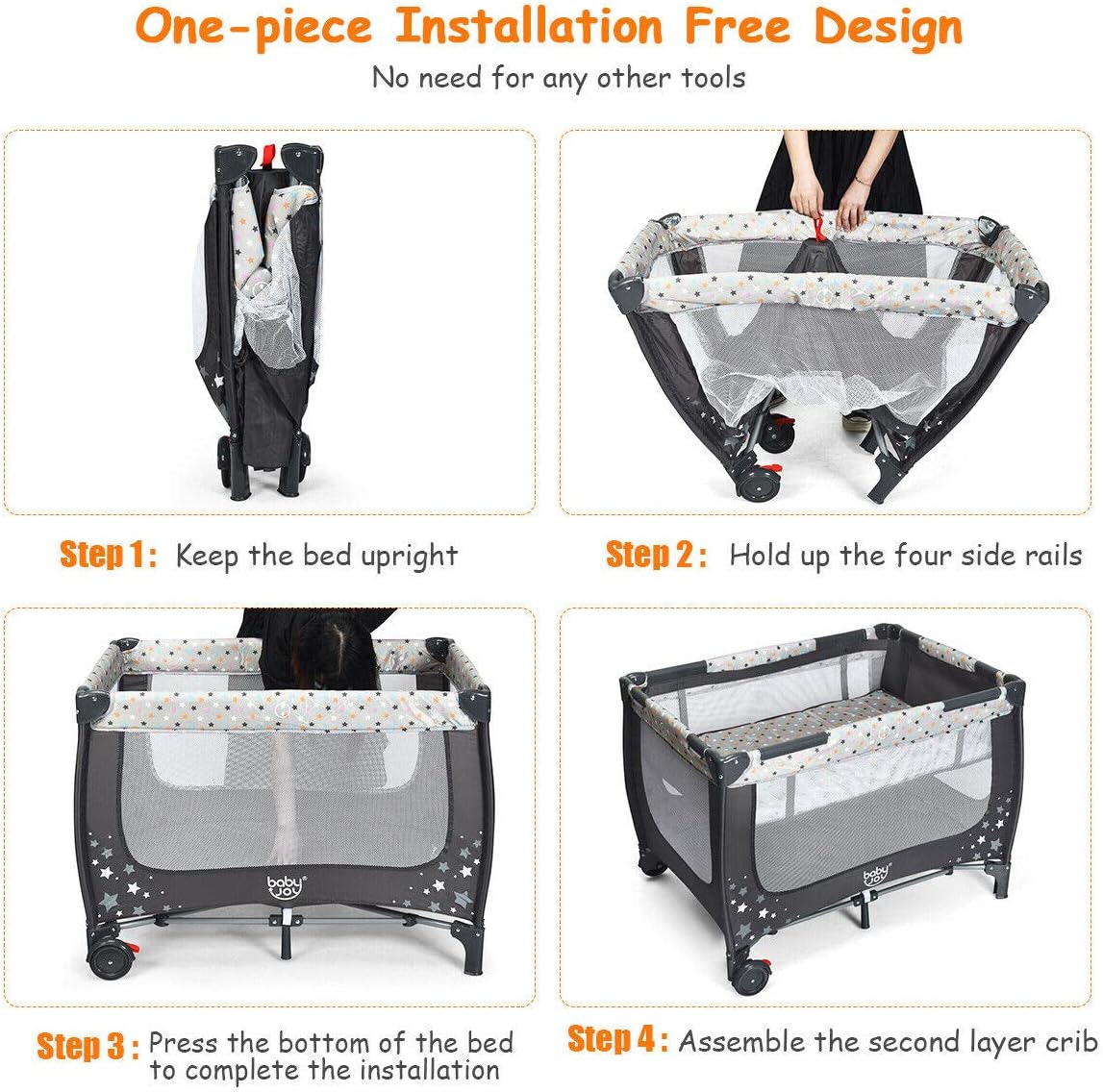 HONEY JOY Pack and Play, Foldable Baby Playard with Bassinet, Lightweight Installation-Free Travel Baby Crib from Newborn to Toddlers, Portable Nursery Center w/Lockable Wheels & Carry Bag(Gray)