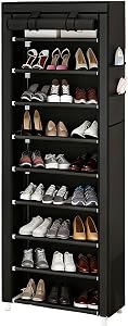 9 Tier Shoe Rack Organizer，Large Capacity Shoe Shelf Storage 27 Pairs with Dust Cover and Side Pockets, Shoe Rack Organizer for Closet, Entryway, Bedroom (Black)