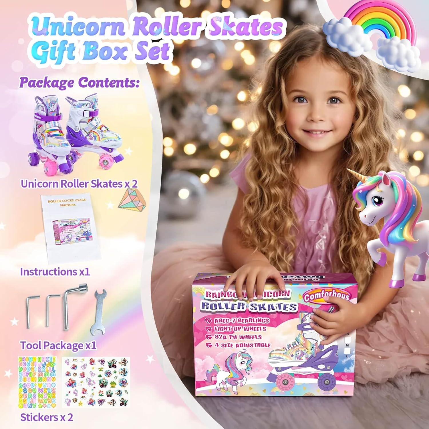 Rainbow Kids Roller Skates for Girls Boys 4 Size Adjustable Roller Shoes for Girls with Luminous Wheels Light-up Kids Rollerskate Birthday Gift for Beginner Outdoor Indoor Sports