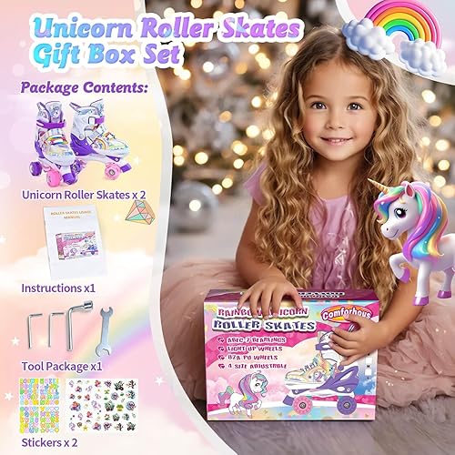 Miniatura 7 de Rainbow - Patines de ruedas para niñas y niños, 4 tamaños ajustables, para niñas con ruedas luminosas, regalo de cumpleaños para principiantes,