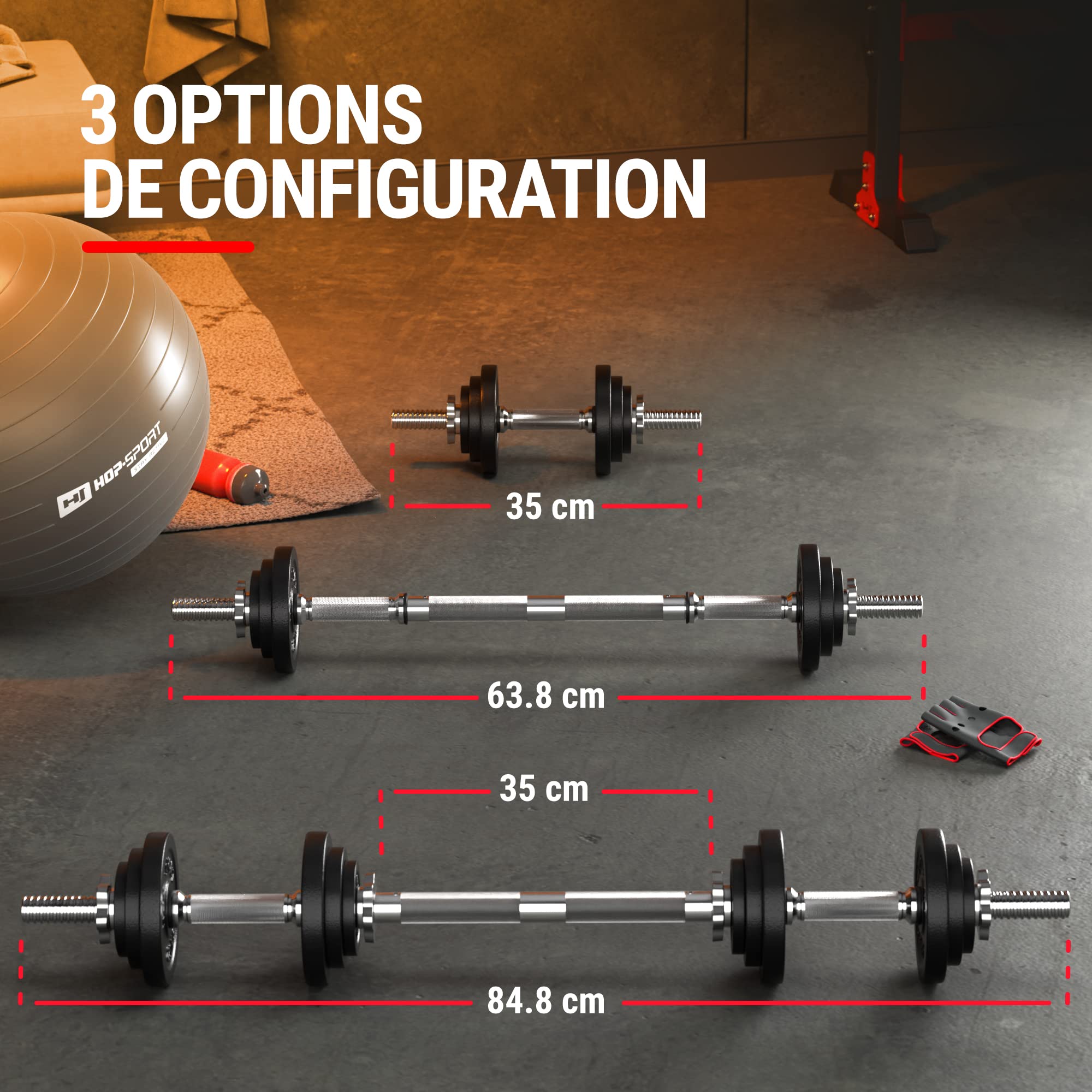 Hop-Sport Halters van gietijzer 30 kg met twee korte halterstangen van 40 cm en een set schijven van 2 x 15 kg