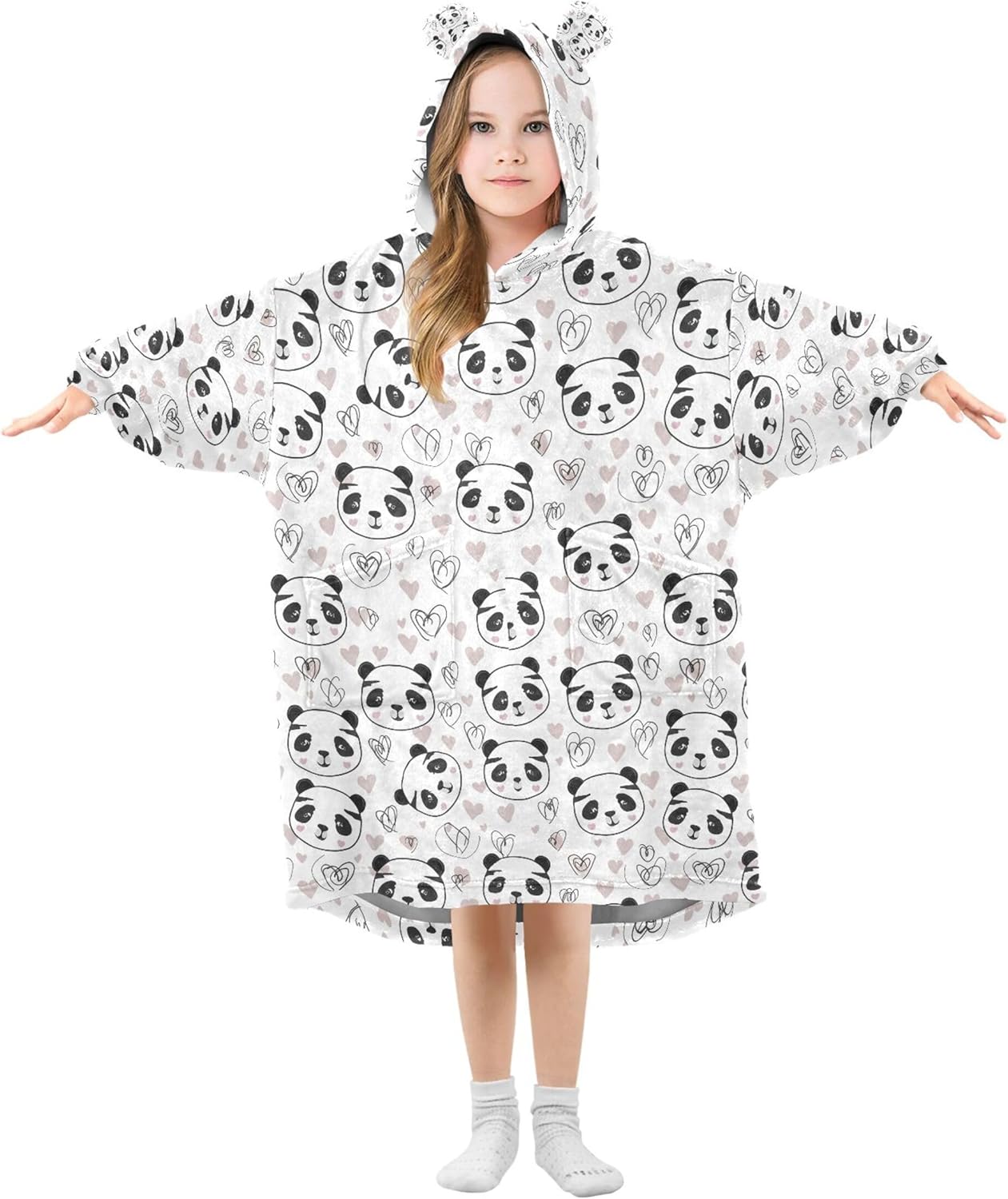 Cute Panda Kids Wearable Blanket Hoodie with Pocket and Sleeves for Toddlers, Cute Hoodies Girls Boys B0404185