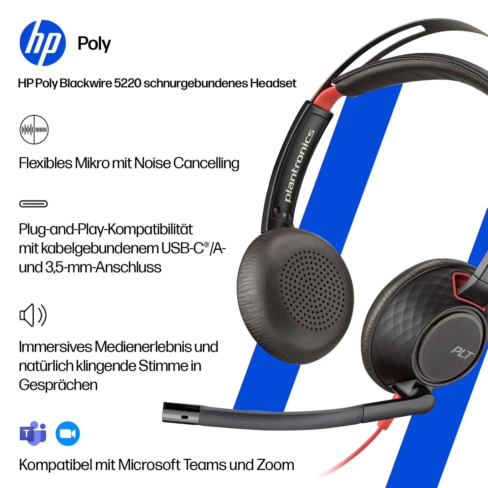 Poly Blackwire 5220 schnurgebundenes Headset, Flexibler Mikrofonarm mit Noise Cancelling, Ergonomisches Design, Verbindung mit PC/Mobilgeräten über USB-C, USB-A oder 3,5 mm, Teams/Zoom kompatibel