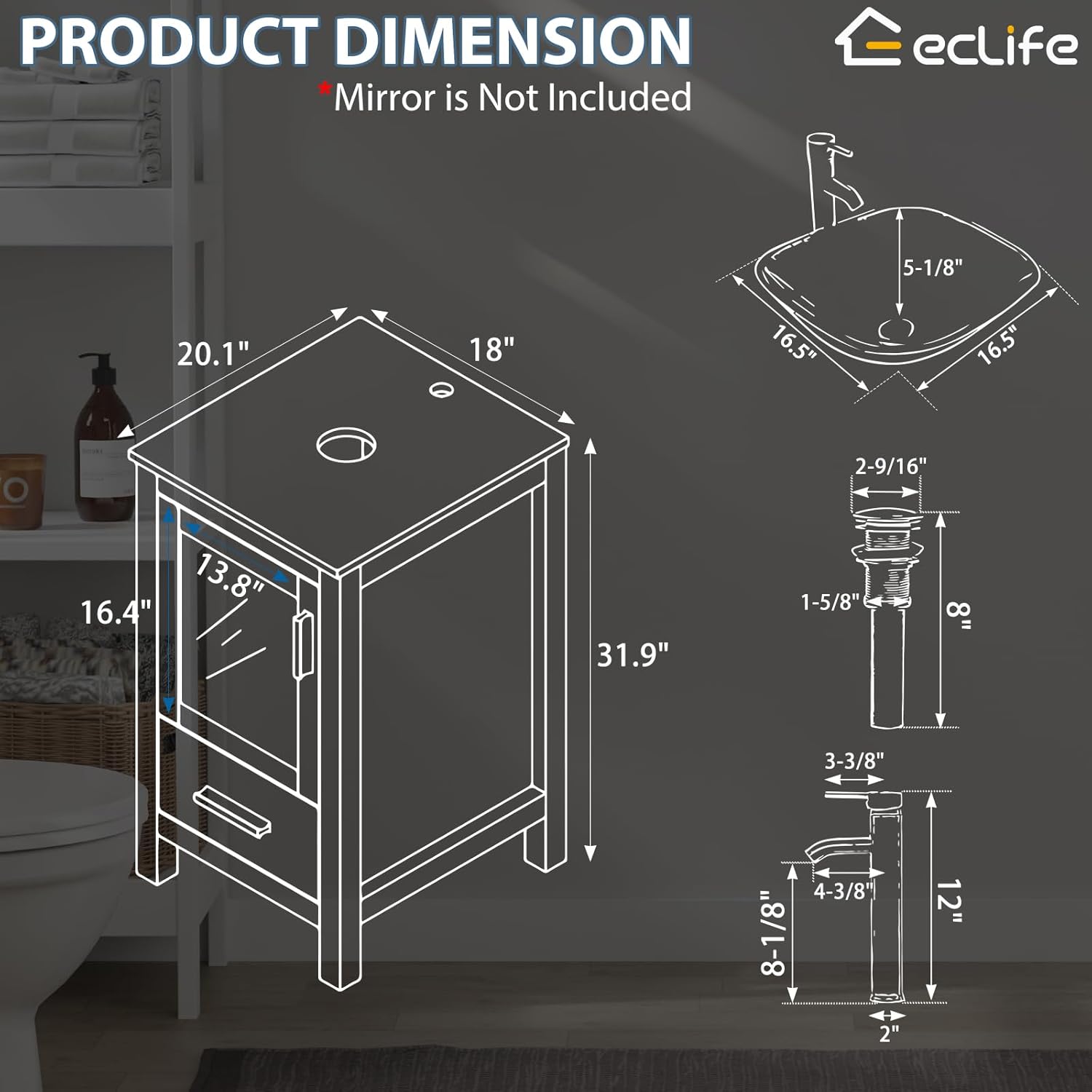 eclife 18" Small Bathroom Vanity Sink Combo Modern Freestanding Cabinet W/Matte Glass Door & Drawer Turquoise Square Tempered Glass Vessel Sink & Water Save Faucet & Pop Up Drain, Black (A10)