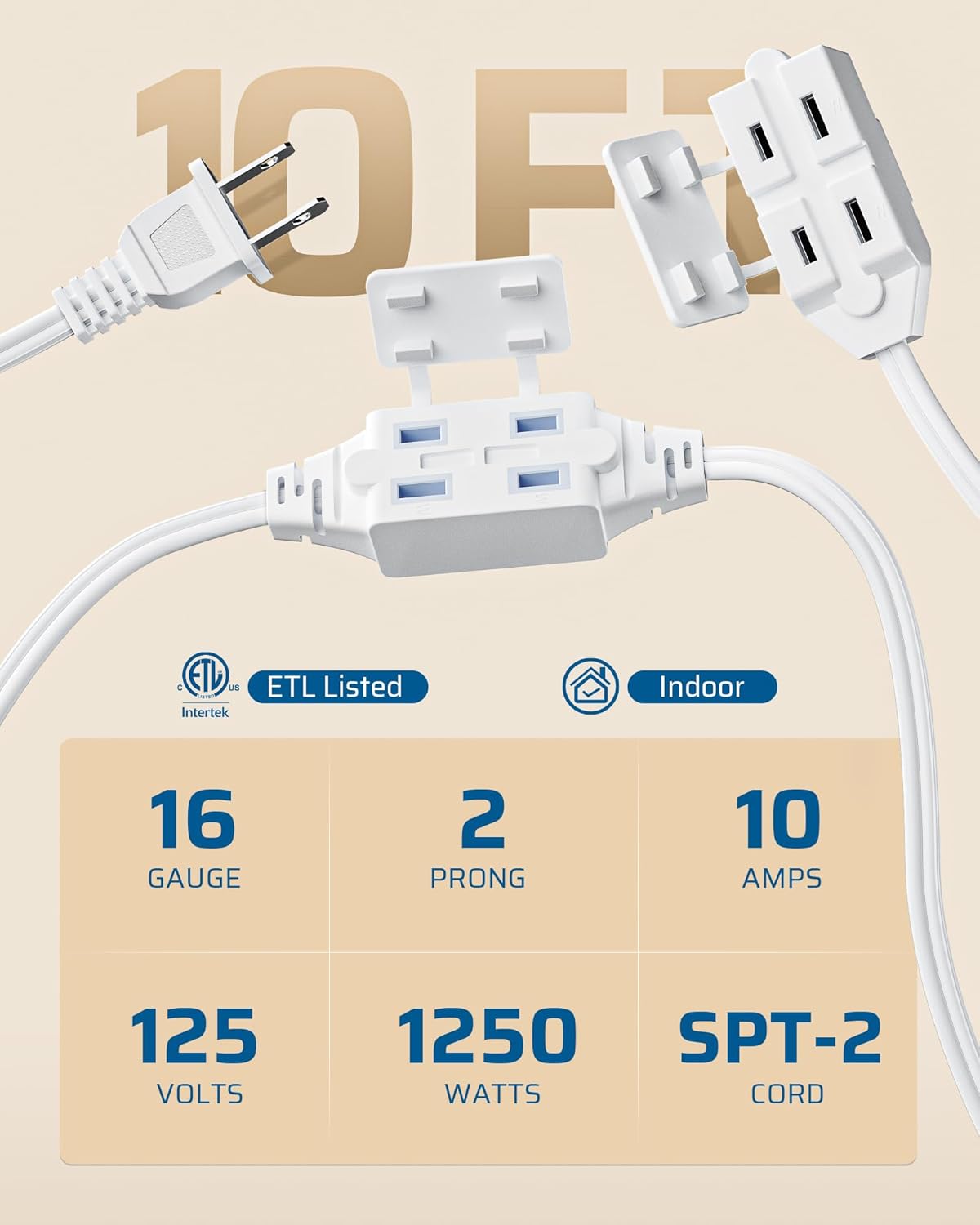 DEWENWILS 2 Prong Extension Cord 10FT, 7FT + 3FT Indoor Extension Cord, 2 Groups 3 Polarized Outlets with Safety Cap Protect for Home Office, White, 16/2 SPT-2 ETL Listed, 1 Pack