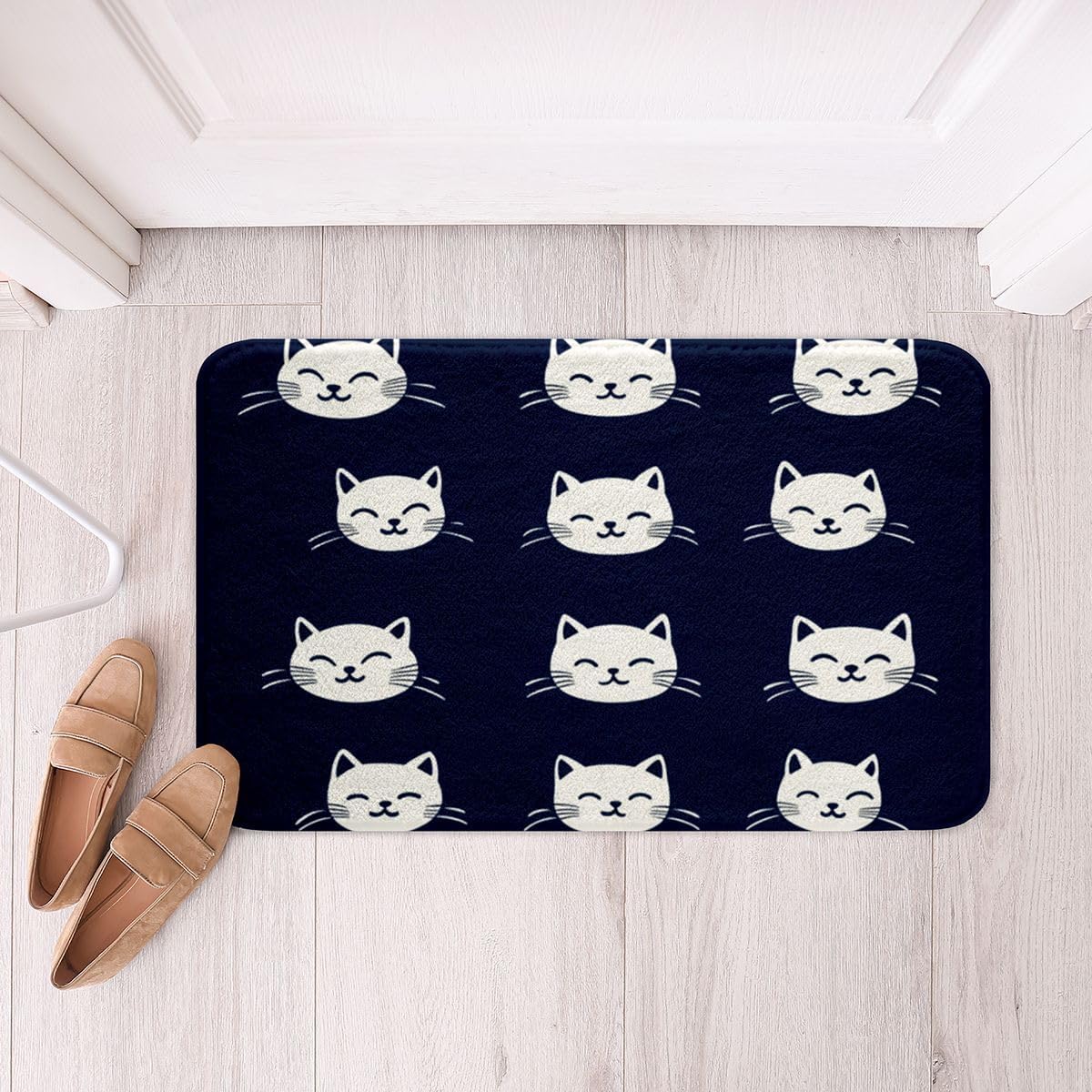 Homewish Japanese Cat Bathroom Rugs,Cartoon Kitten Non Slip Bath Mat Japanese Anime Style Bathroom Indoor Floor Mats,Navy Blue White Shaggy Absorbent Bathtub Decor Rug,16"x24"