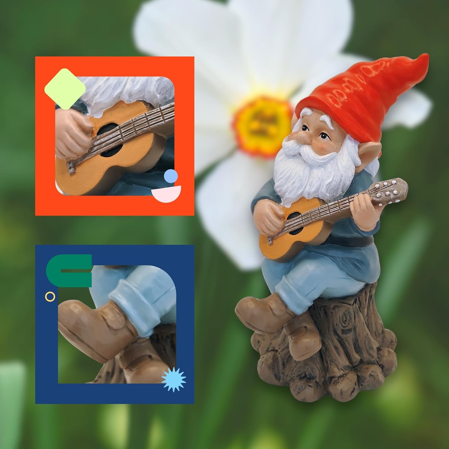 Melody Gnomes Strummin' Sam The Guitar Gnome Statue - Whimsical Musician Garden Gnome for Indoor Outdoor Decor, Hand-Painted Resin Figurine for Patio, Lawn & Yard, Unique Music Lover Gift