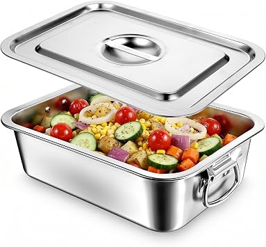 4 Inch Extra Deep Lasagna Pan with Lid and Handles, 14x10.6 Inch Stainless Steel Large Baking Dish Tray, Nonstick Lasagna Baking Thick Metal Roasting Pan for Casserole Brownie Turkey, Silver