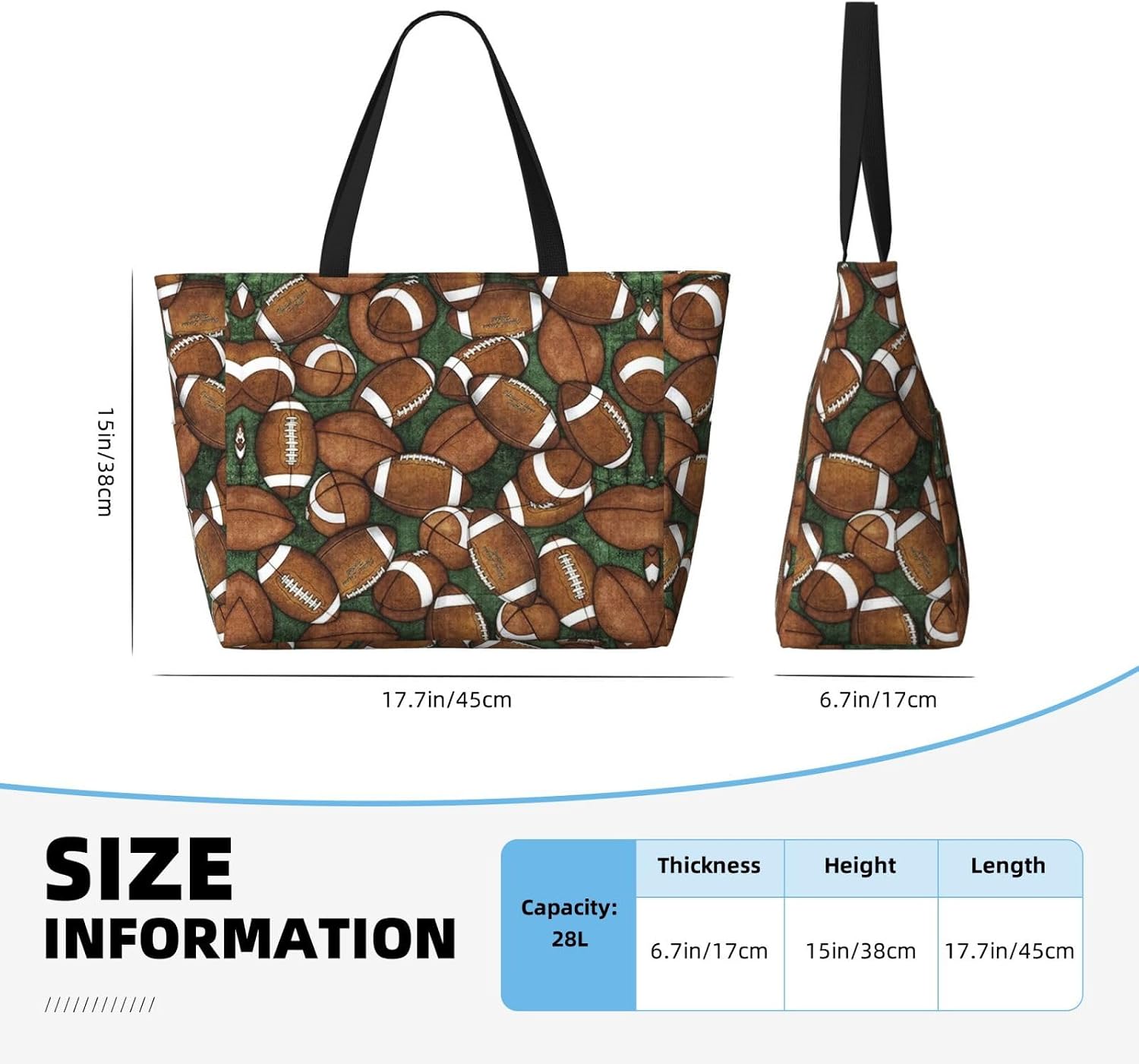Football Green Print Large Tote Bag For Women, Travel Shoulder Bag Handle Handbag For Gym, Work, Travel
