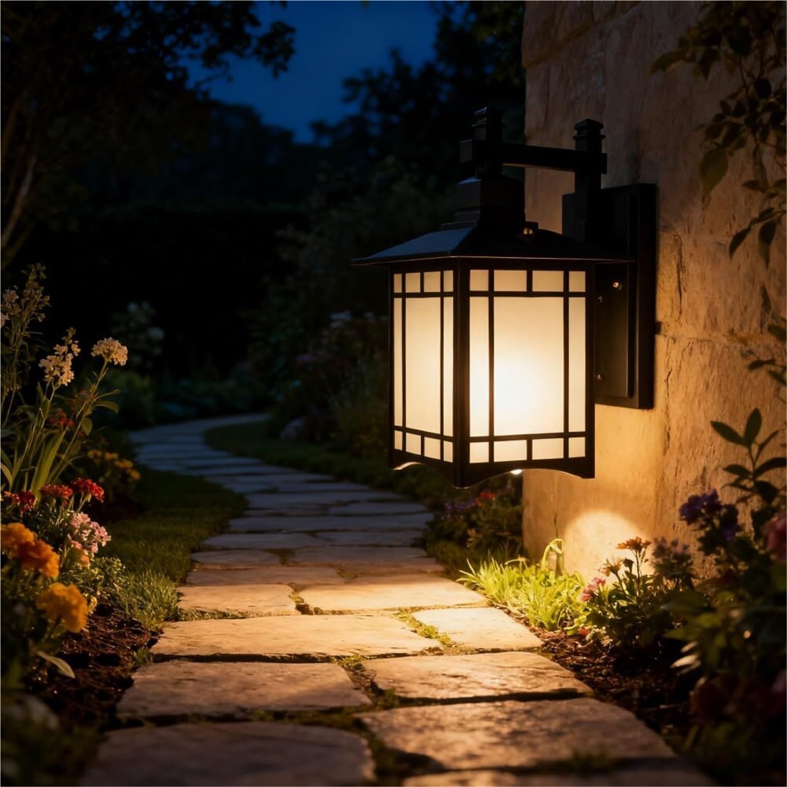 Applique Murale extérieure de Style Chinois, Lanterne Vintage en métal et Verre dépoli pour Porche/terrasse/Jardin/Porte d'entrée (éclairage étanche) (BD-13-noir)