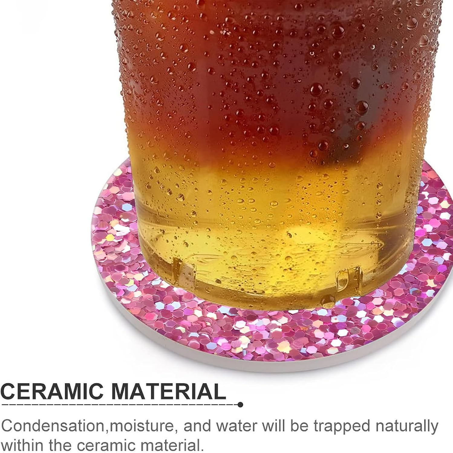 Pink Glitter Drink Absorbent Coaster,Cool Deisgn Ceramic Drink Coaster with Cork Base,Housewarming Gifts,Tabletop Protection Suitable for Kinds of Cups(Pack of 4) image 3