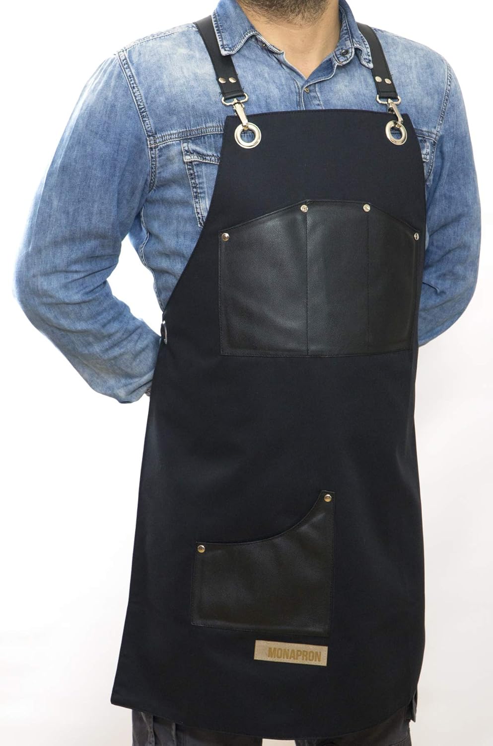 MONAPRON Apron for Women and Men Garden Kitchen Cooking Barbers Hairdresser Bleach Resistant Waterproof Crossback Adjustable Unisex Black