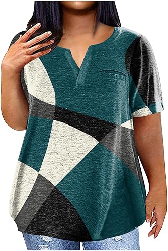 Miniatura 1 de Blusa para mujer de manga corta con cuello en V y bolsillo, camiseta de verano con estampado de flores, casual, holgada, acampanada, tallas grandes