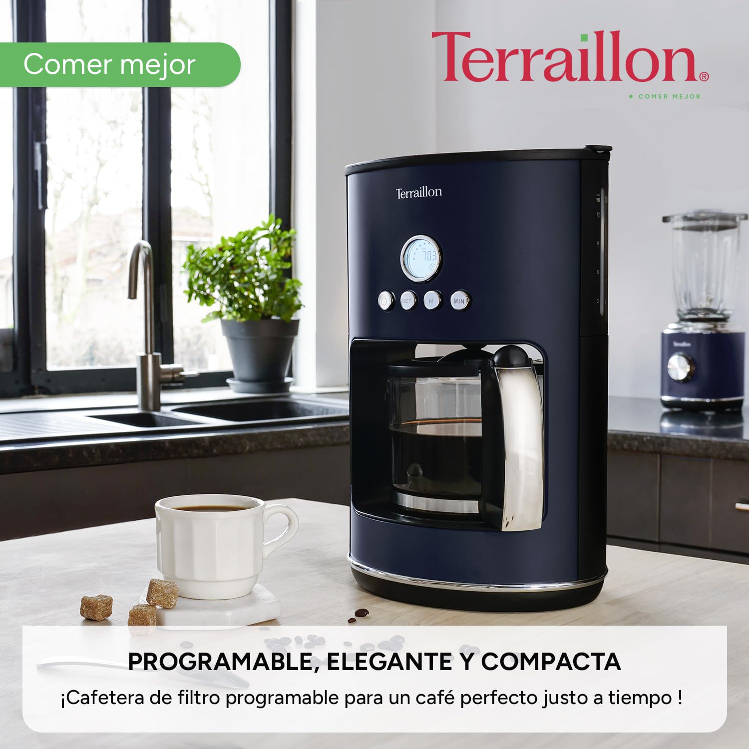 Terraillon - Cafetera de filtro eléctrico, programable, jarra de cristal, 1080 W, capacidad 1,25 L, mantenimiento caliente, función antigoteo, filtro extraíble, cuerpo de acero inoxidable pintado