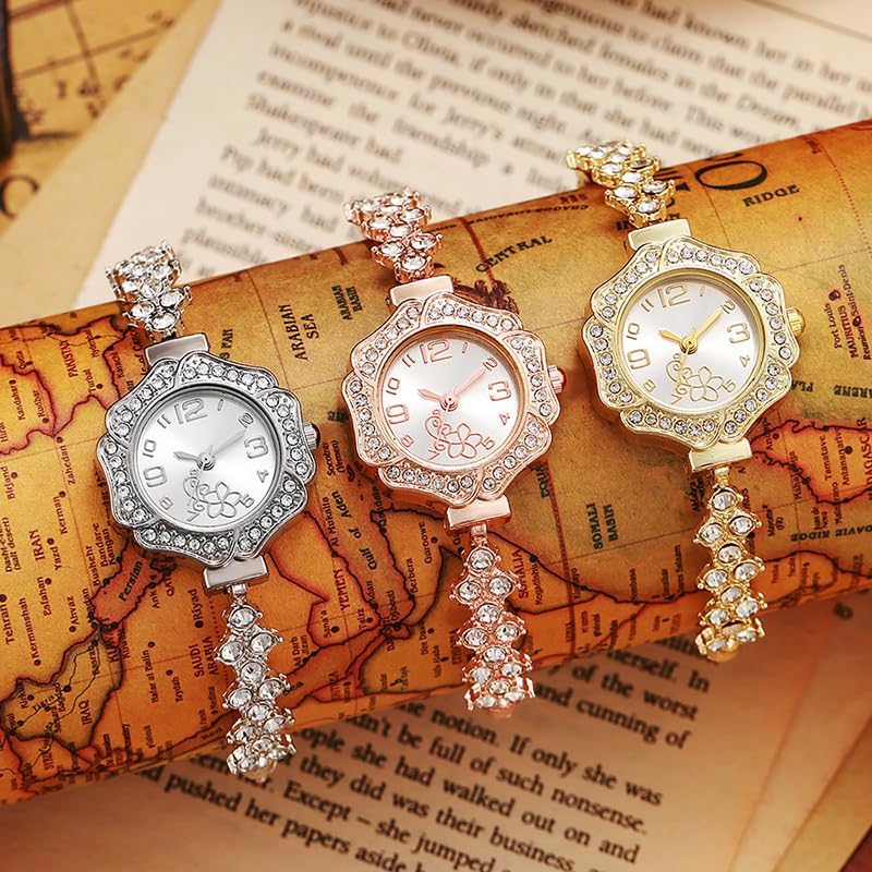 3Pcs Set Flower Shaped Dial Diamond Dress Watch Elegant Crystal Bracelet Watches for Women Wholesale Analog Quartz Wristwatches - Image 4