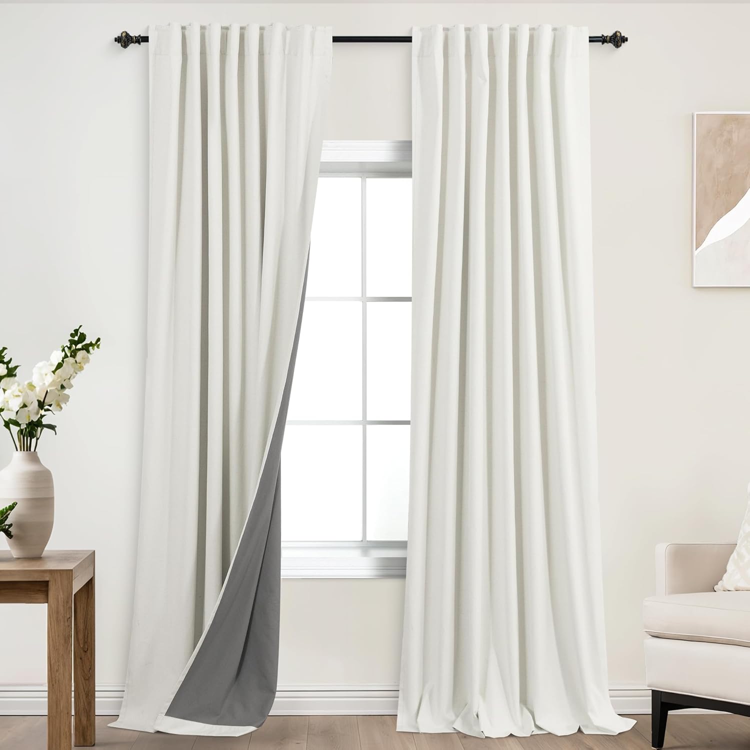 KOUFALL 102 Inch Long Curtains,Blackout Linen Cream Ivory Black Out Pleated Curtains for Living Room 2 Panels Set 52"W x 102"L (Pack of 2) Ivory