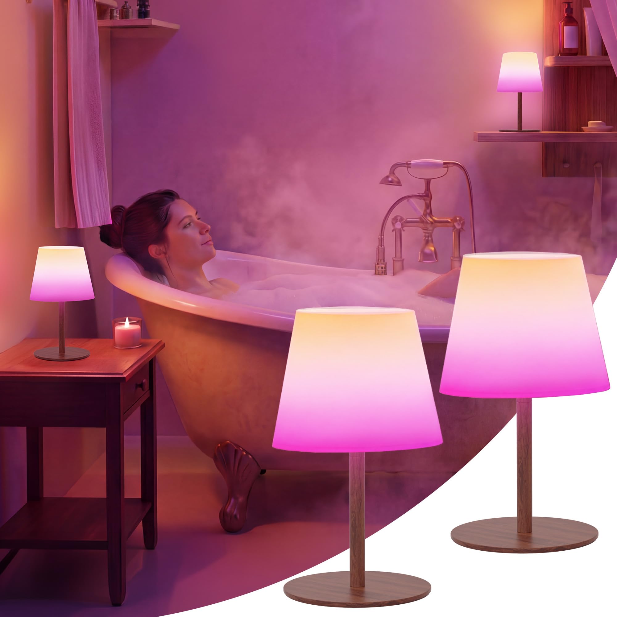 EZVALO Spa-Like RGB Shower Lamp – Waterproof Bathroom Lamp with Remote, Rechargeable Cordless Mood Light, 3 Color Temps &amp; 80 RGB Colors for Relaxing Bathroom &amp; Bathtub Experience (2 Packs)