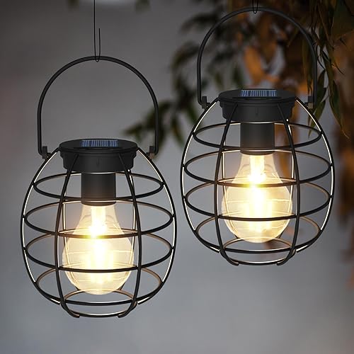 shumi Luces solares para exteriores, paquete de 2 faroles solares colgantes de metal para exteriores, impermeables, alimentadas por energía solar,