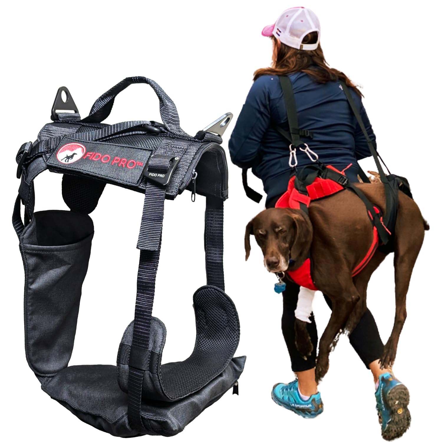 Fido Pro Arnés Panza V2 con Rescate de Emergencia Desplegable - Arnés para Perros Medianos a XL con Bolsillos, Hebillas de Escalada, Asa de Elevación y Equipo de Senderismo, 14 a 68 Kilogramos (Negro)