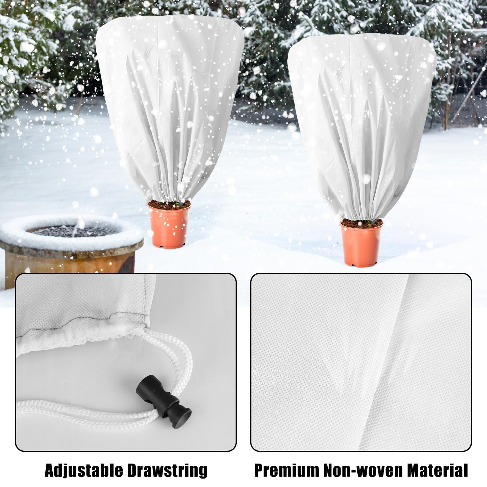 Lot de 8 housses de protection contre le gel pour plantes - 100 x 100 cm - Réutilisables - Avec cordon de serrage - Couverture contre le gel - Pour l'hiver et l'extérieur
