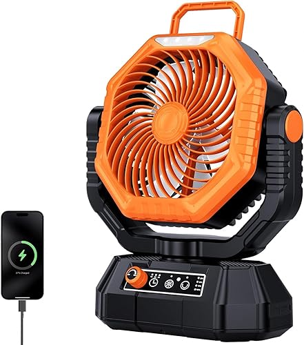 AJVV Ventilador de campamento, ventiladores portátiles recargables de 20000 mAh con luz LED y gancho, 13 velocidades ajustables de 270 y doble hoja