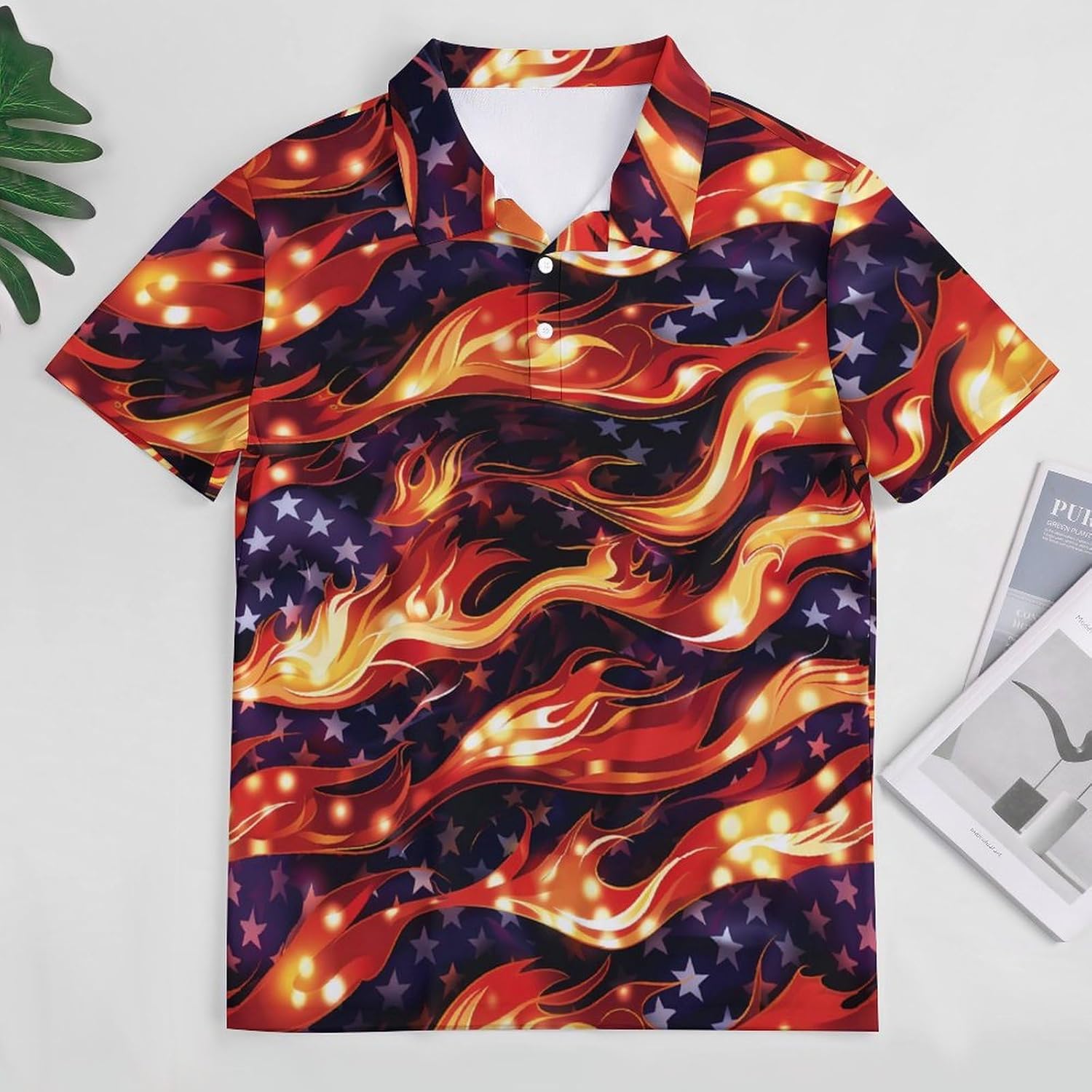 American Flag in Flame Men's Golf Polo Shirts Short Sleeve Button Down T Shirt Slim Fit Graphic Tee Top