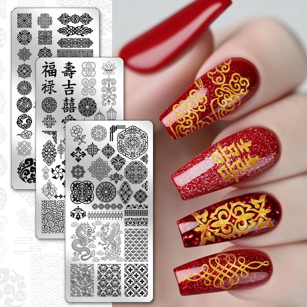 PH PandaHall 3pcs Asian Styles Nail Stamping Plates Dragon Phoenix Patterns Nails Art Stencils Lucky Words Nails Art Templates Flower Texture Nail Image Plate for New Year Manicures Salon Design - Image 3