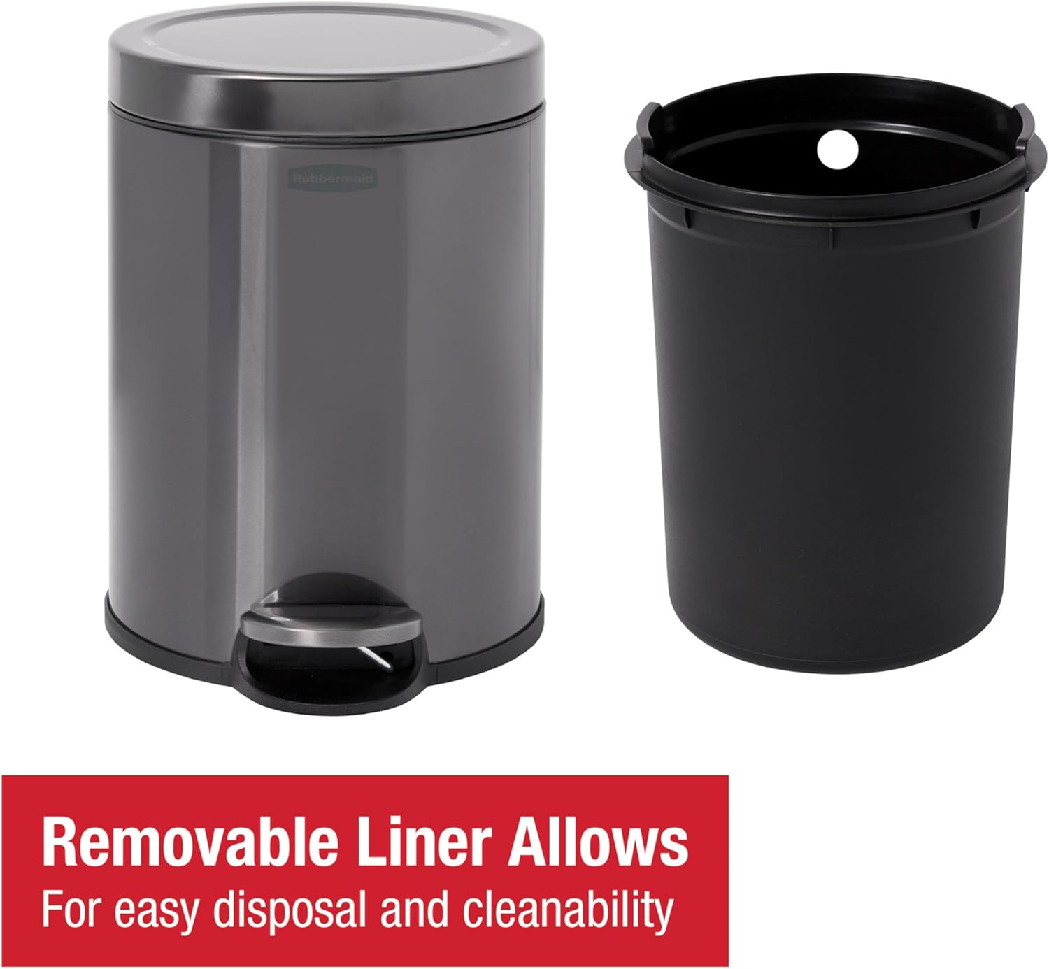 Rubbermaid Stainless Steel Round Step-On Trash Can, 1.6-Gallon, Charcoal, Wastebasket with Lid for Home/Bathroom/Kitchen/Office