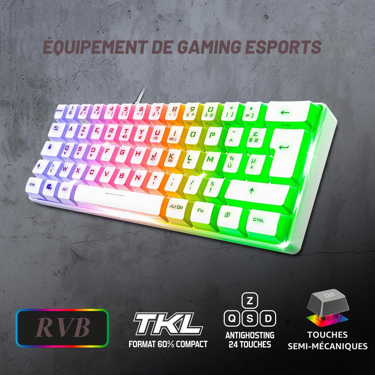 Spirit Of Gamer, Pack Clavier Souris Gamer Filaire RGB Blanc, Clavier Semi-Mecanique Format Compact TKL 60%, Souris Gaming 8 Boutons Programmables avec 13 Effets de Rétroéclairage
