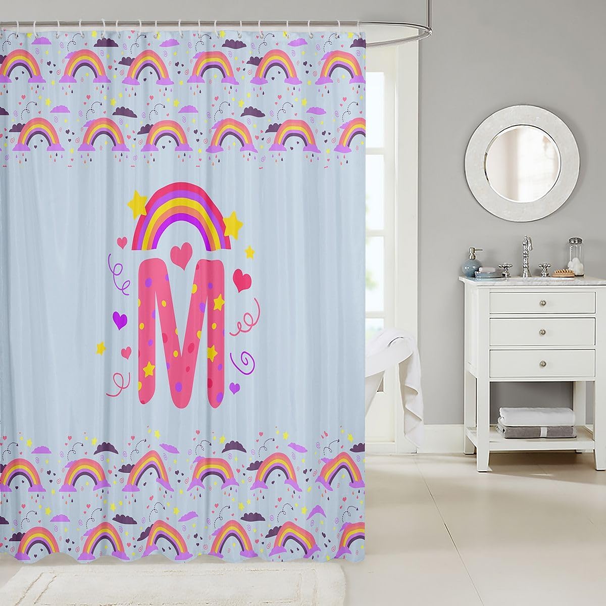 Feelyou Cute Blue Rainbow Shower Curtain for Bathroom Decor Personalized Initial M Bath Curtain for Stalls Bathtubs Heart Bathroom Accessories Love Waterproof Polyester Fabric with 12 Hooks 72"x72" image 2