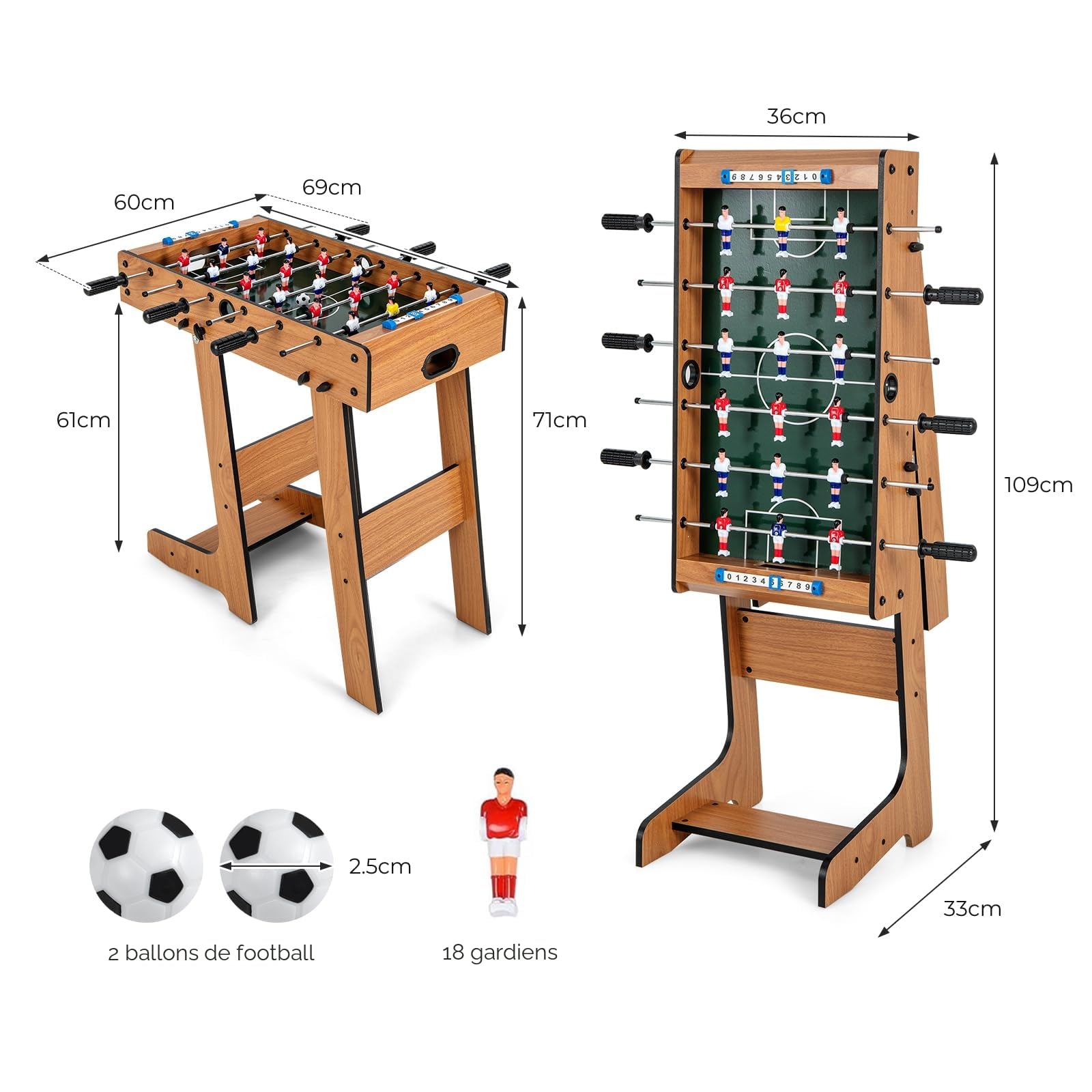 HOMASIS Baby-Foot Pliant en Bois pour Enfant, Table de Jeux Enfant avec 6 Tiges, 18 Joueurs, 2 Caolcio et Marque-Points, Table de Jeux Multifonction pour Enfants et Adultes, 69 x 60 x 71 cm
