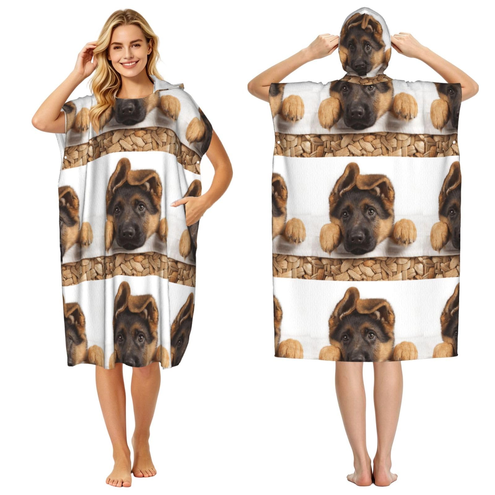 Poadnly German Shepherd Puppy Dog, Adult Hooded Beach Towel 90 x 110 cm,Changing Bath Robe, Surf Poncho Towel For Women Men