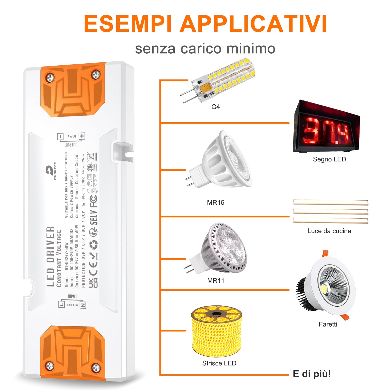 DUSKTEC Alimentatore 2,5A DC 24V per Striscia LED - Trasformatore 60W AC 220V a DC 24 Volt, Slim Driver a Bassa Tensione, IP44 Power Supply Tensione Costante per Luci Lampada Fari