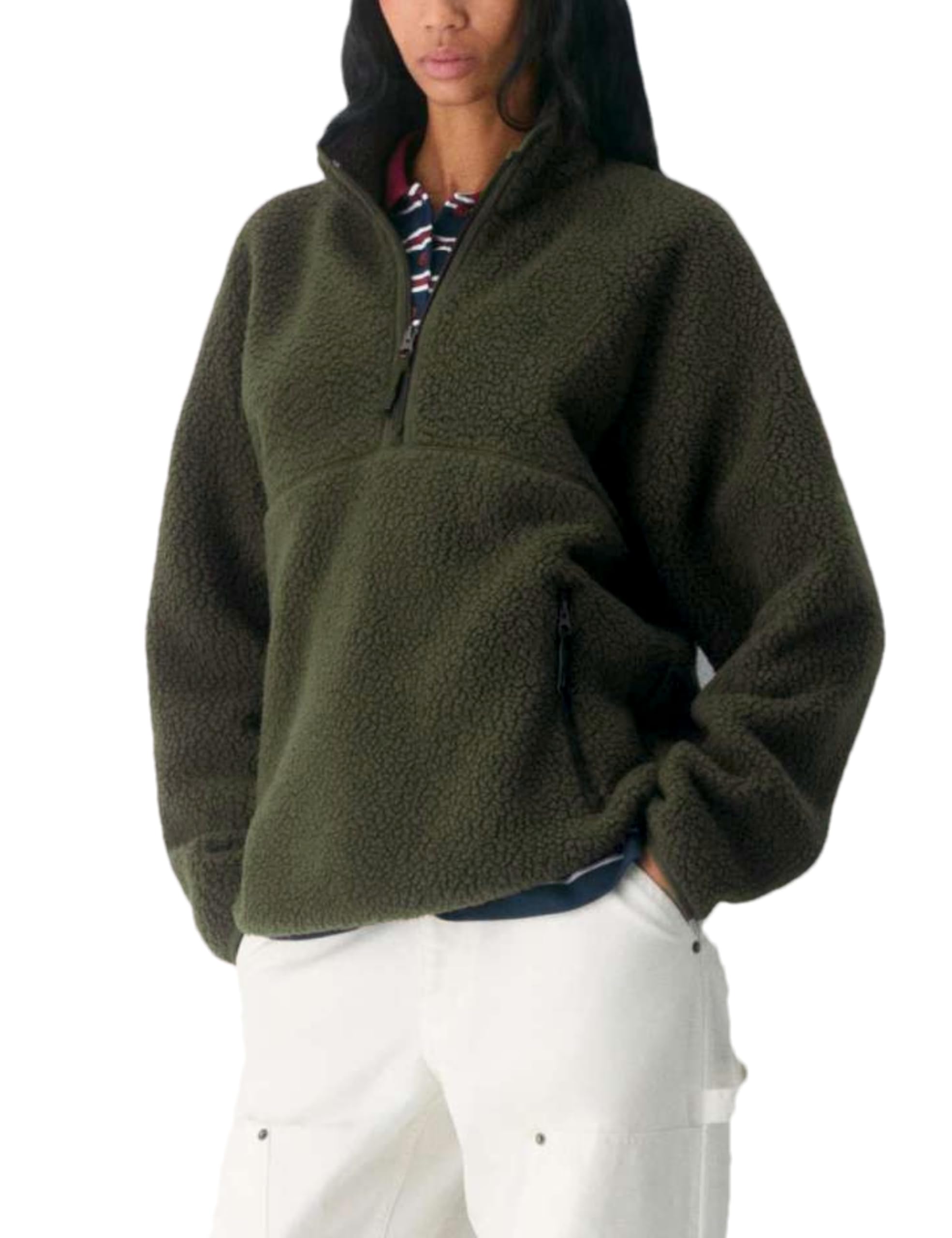 Fleece Pullover Women Long Sleeve Half Zip Sherpa Jacket Warm Trendy Teddy Fall Sweatshirts with Side Pockets-image-29