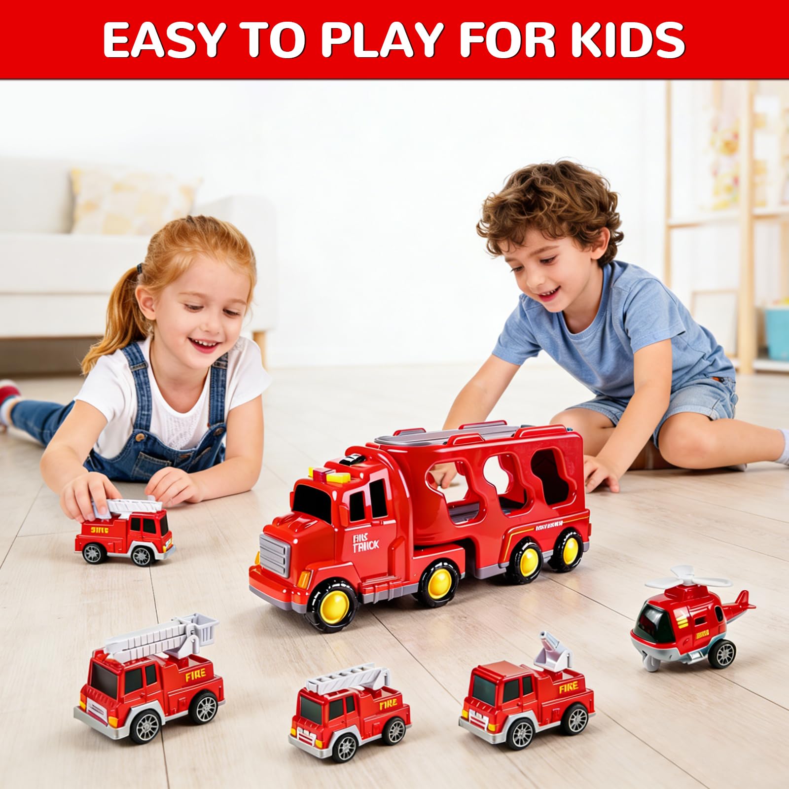 5 en 1 Camion Pompieri Giocattolo, Camion Trasportatore Macchinine con 4 Mini Camions dei Pompieri Camion dei Pompieri ad Inerzia avec Luci e Suoni Regalo per Ragazzi Ragazze di 3 4 5 6 anni