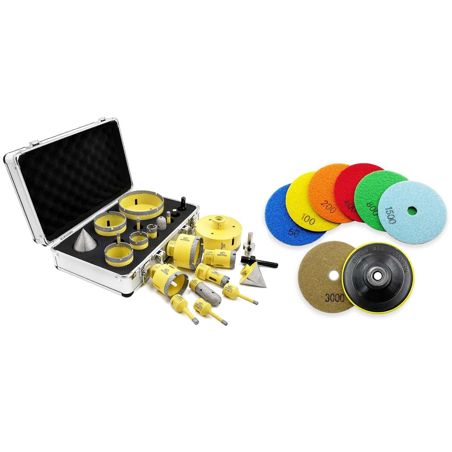Diamond Core Drill Bits Set 10PCS - DARTOTEK Tile Hole Saw Kit and SHDIATOOL Dry Diamond polishing Pads 4 Inch Set of 7 Pieces Plus a Plastic Backer