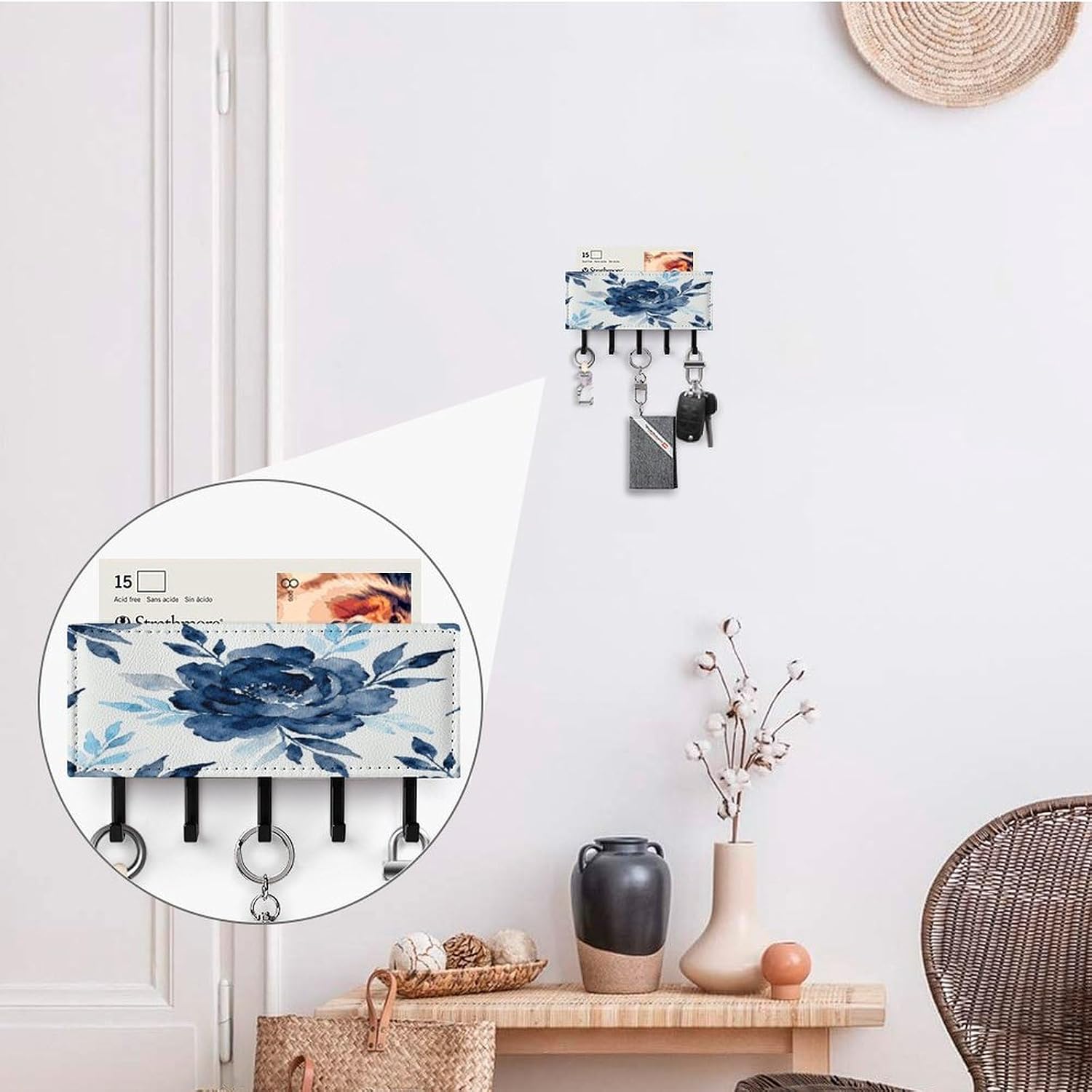 Ink Flower Charm PU Leather Key Holder Wall Mount image 4