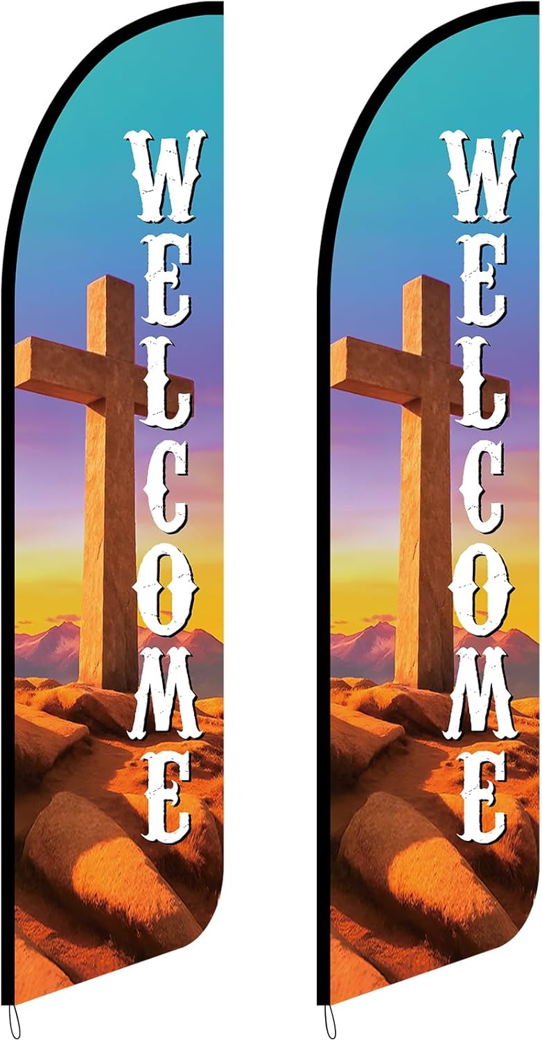 Frienda 2 Pcs 12 ft Welcome to Church Cross Feather Flag Welcome Flags Outdoor Banners Church Signs Outdoor Inspirational Christian Hanging Sign for Easter Worship Religious Event