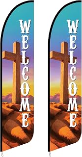 Frienda 2 Pcs 12 ft Church Cross Feather Flag Welcome Flags Outdoor Banners Church Signs Outdoor Inspirational Christian Hanging Sign for Easter Worship Religious Event